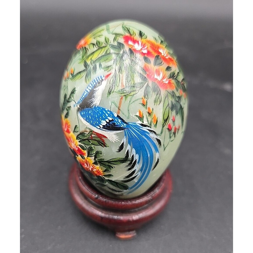 Hand Painted Decorative Egg Blue Bird Floral on Wooden Stand Glossy